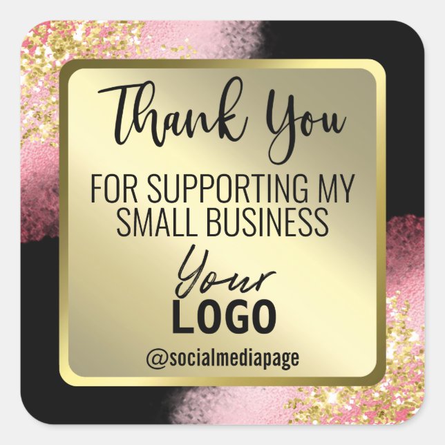 Pink And Gold On Black Thank You Business Logo Square Sticker (Front)