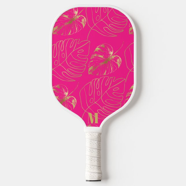 Pink and Gold Palm Leaf Pattern | Modern Monogram Pickleball Paddle (Front)