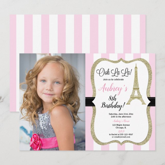 Pink and gold Paris Eiffel tower birthday photo Invitation (Front/Back)