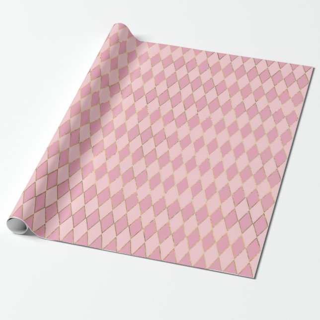 Pink and Gold Paris themed Diamond Pattern Wrapping Paper (Unrolled)