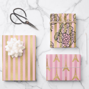 Pink and Gold Paris themed Wrapping Paper Sheet