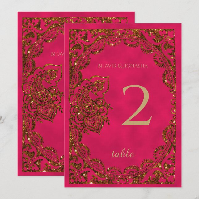 Pink and Gold Peacock Indian Table Number (Front/Back)