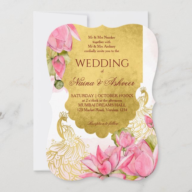 Pink and gold peacock lotus Indian wedding Invitation (Front)