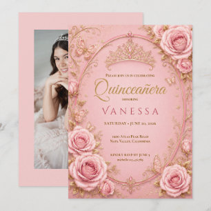 Pink and Gold Photo Quinceanera Invitation