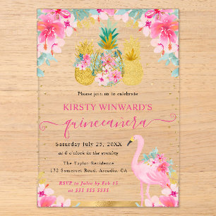 Pink and Gold Pineapples and Flamingo Quinceanera Acrylic Invitations