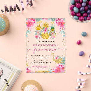 Pink and Gold Pineapples and Flamingo Quinceanera Acrylic Invitations