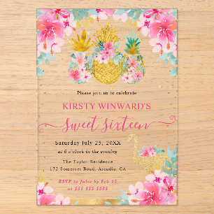 Pink and Gold Pineapples and Flamingo Sweet 16 Acrylic Invitations