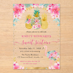 Pink and Gold Pineapples and Flamingo Sweet 16 Acrylic Invitations