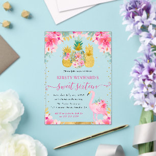 Pink and Gold Pineapples and Flamingo Sweet 16 Acrylic Invitations