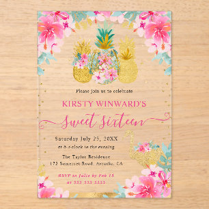 Pink and Gold Pineapples and Flamingo Sweet 16 Acrylic Invitations