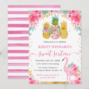 Pink and Gold Pineapples and Flamingo Sweet 16 Invitation