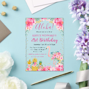 Pink and Gold Pineapples & Flamingo 21st Birthday Acrylic Invitations