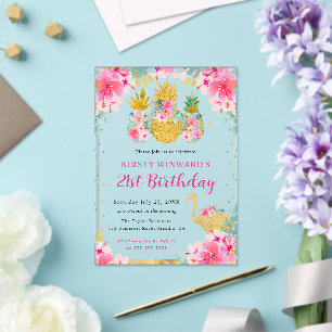 Pink and Gold Pineapples & Flamingo 21st Birthday Acrylic Invitations