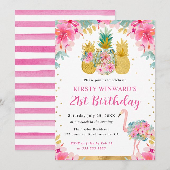 Pink and Gold Pineapples & Flamingo 21st Birthday Invitation (Front/Back)