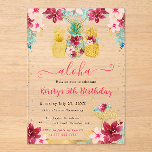 Pink and Gold Pineapples & Flamingo Kids Birthday Acrylic Invitations