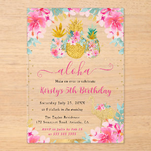 Pink and Gold Pineapples & Flamingo Kids Birthday Acrylic Invitations