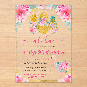 Pink and Gold Pineapples & Flamingo Kids Birthday Acrylic Invitations