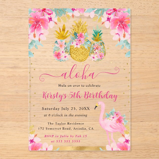 Pink and Gold Pineapples & Flamingo Kids Birthday Acrylic Invitations (Front)