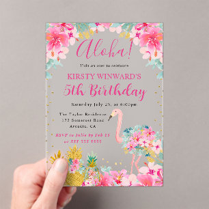 Pink and Gold Pineapples & Flamingo Kids Birthday Acrylic Invitations