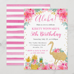 Pink and Gold Pineapples & Flamingo Kids Birthday Invitation