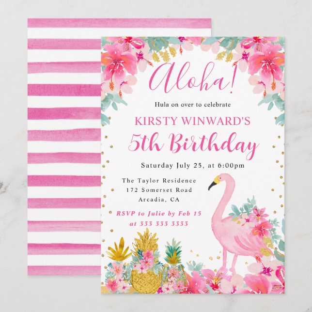 Pink and Gold Pineapples & Flamingo Kids Birthday Invitation (Front/Back)
