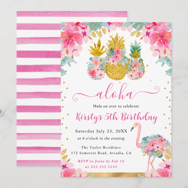 Pink and Gold Pineapples & Flamingo Kids Birthday Invitation (Front/Back)