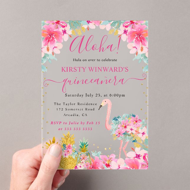 Pink and Gold Pineapples & Flamingo Quinceanera Acrylic Invitations (Insitu (Handheld))