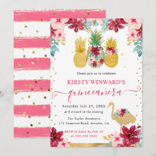Pink and Gold Pineapples & Flamingo Quinceanera Invitation