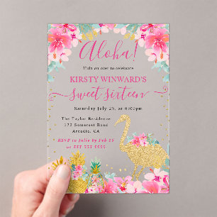Pink and Gold Pineapples & Flamingo Sweet 16 Acrylic Invitations