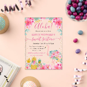 Pink and Gold Pineapples & Flamingo Sweet 16 Acrylic Invitations