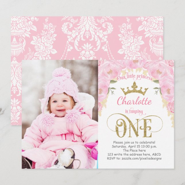Pink and Gold Princess 1st Birthday Invitation (Front/Back)