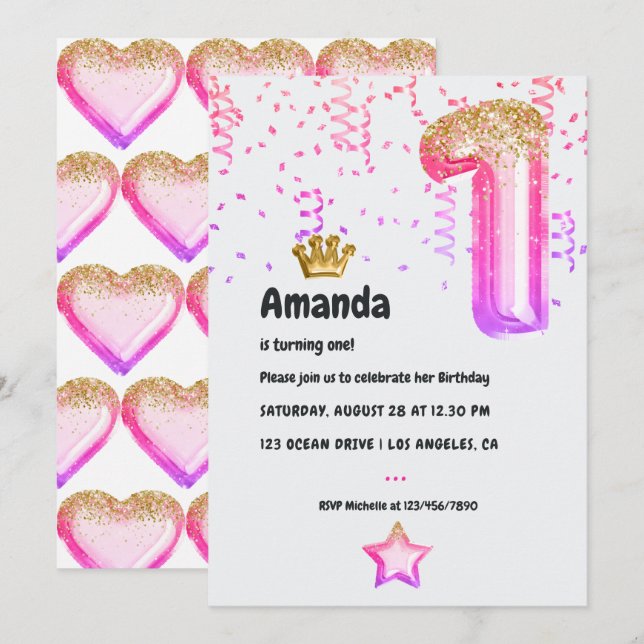 Pink and Gold Princess Balloon 1st Birthday Invitation (Front/Back)