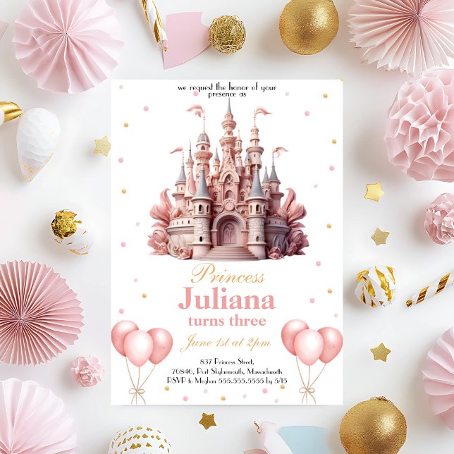 Pink and Gold Princess Castle Birthday Invitation (Creator Uploaded)