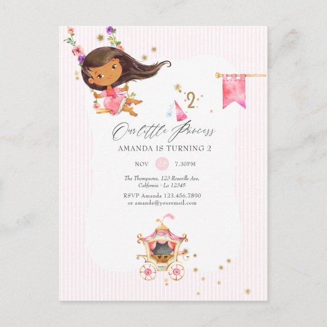 Pink and Gold Princess Girl 2nd Birthday Party Invitation Postcard (Front)