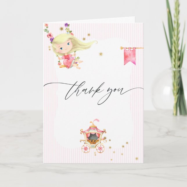 Pink and Gold Princess Girl 2nd Birthday Party Thank You Card (Front)