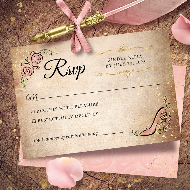 Pink and Gold Princess Shoe Elegant Wedding RSVP Card (Light pink and gold RSVP cards to give your once upon a time celebration a true magical touch.)
