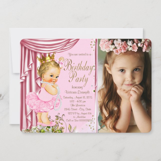 Pink and Gold Princess Tutu Pearl Birthday Party Invitation (Front)