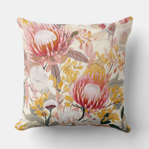 Pink and Gold Protea Floral Cushion