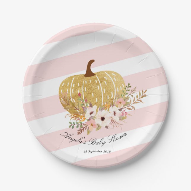 Pink and Gold Pumpkin Baby Show Party Paper Plates (Front)