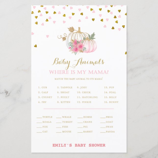 pink and Gold Pumpkin Baby Shower Game (Front)
