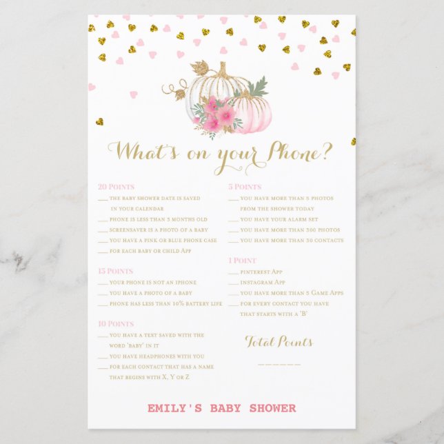 pink and Gold Pumpkin Baby Shower Game (Front)