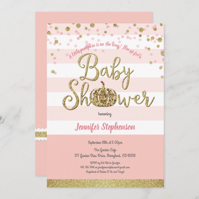 Pink and gold pumpkin baby shower invitation (Front/Back)