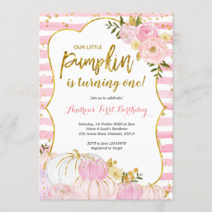 Pink and Gold Pumpkin First Birthday Invitation