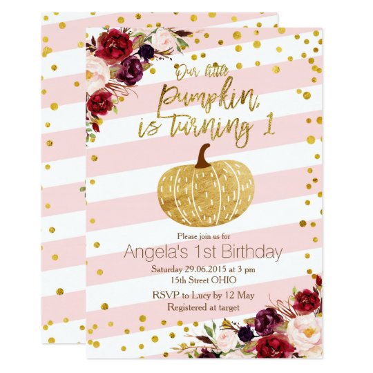 Pink and Gold Pumpkin Invitation First Birthday