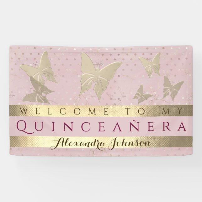Pink And Gold Quinceanera Birthday Banner (Horizontal)