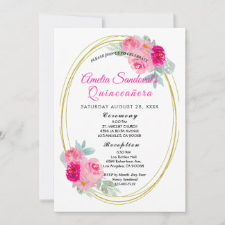 Pink and Gold Quinceanera Floral Invitation