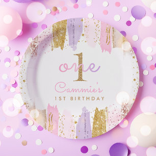 Pink And Gold Rainbow 1st Birthday Party Paper Plate