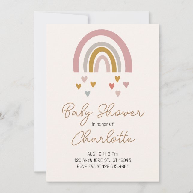 Pink and Gold Rainbow Minimalist Baby Shower Invitation (Front)