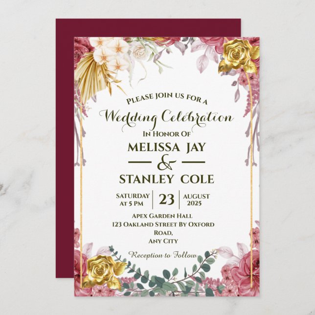 Pink and Gold Rose Eucalyptus Floral Wedding  Invitation (Front/Back)