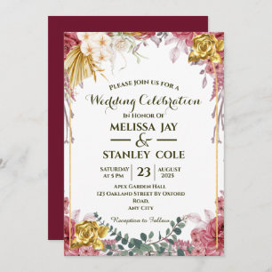 Pink and Gold Rose Eucalyptus Floral Wedding  Invitation